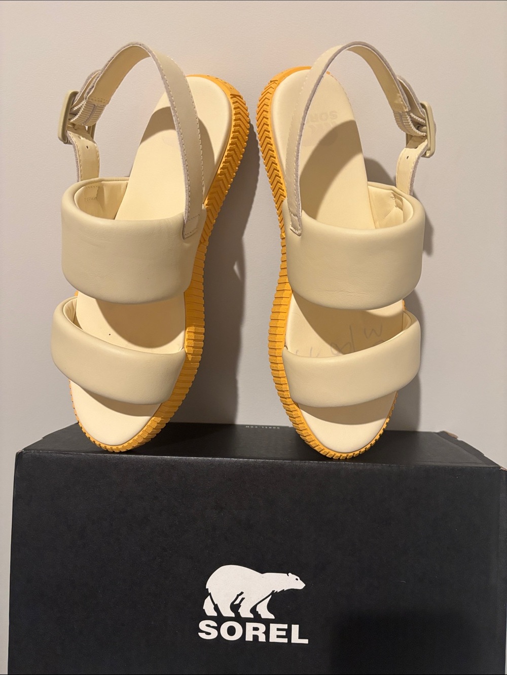 Sorel Cream Leather Sandals with Yellow Rubber Platform
